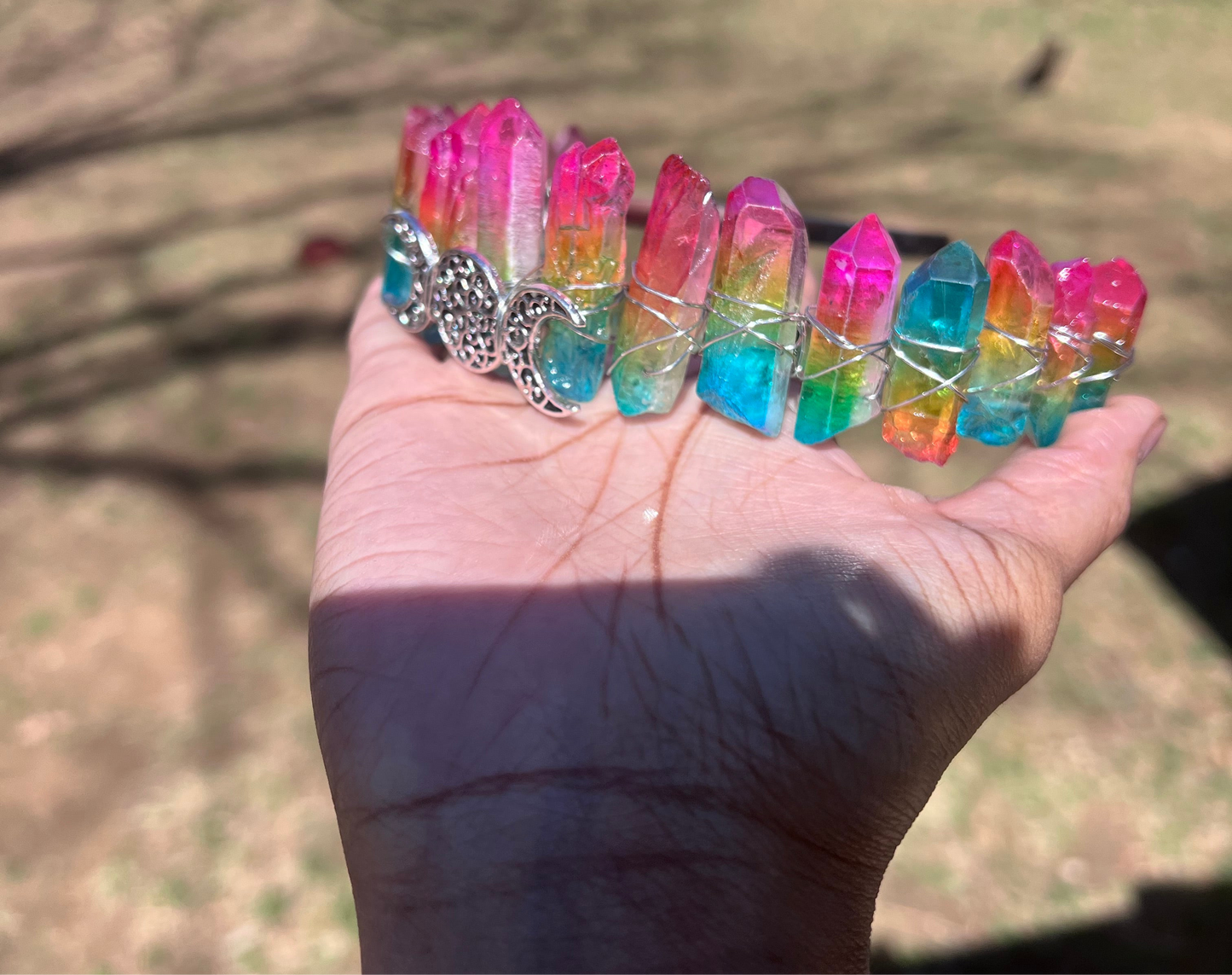 Rainbow aura Quartz crystal crown