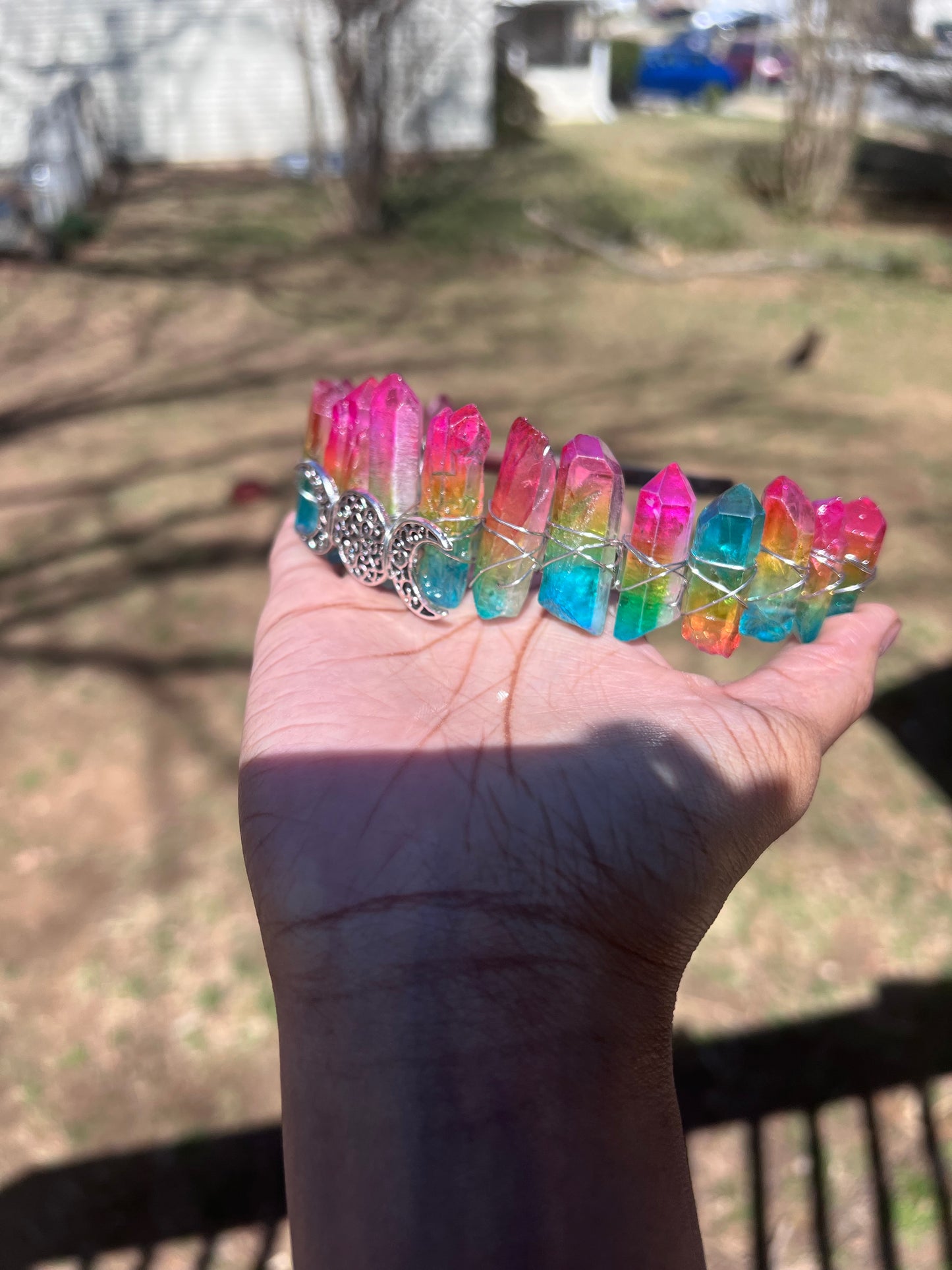 Rainbow aura Quartz crystal crown